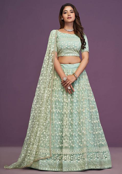 Pista Blue Thread Sequin Embroidered Soft Net Lehenga Set