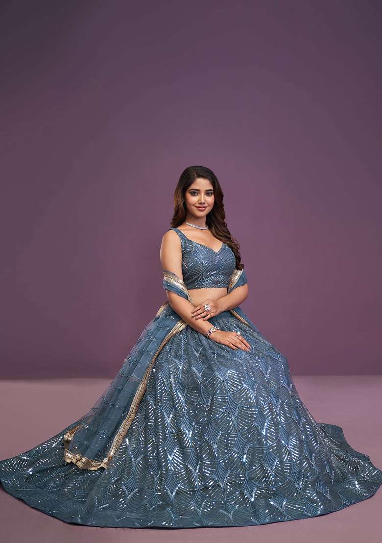 Blue Thread Net Lehenga Set with Embroidered & Sequin for Diwali | Wedding & Festive Wear - Indya