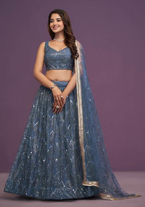 Blue Thread Sequin Embroidered Net Lehenga Set