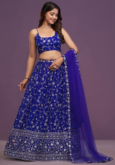 Royal Blue Zari Sequin Embroidered Net Lehenga Set