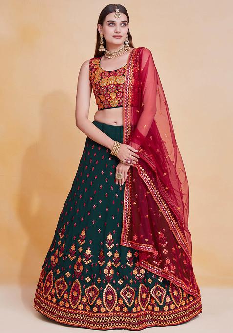 Green Sequin Embroidered Georgette Lehenga Set