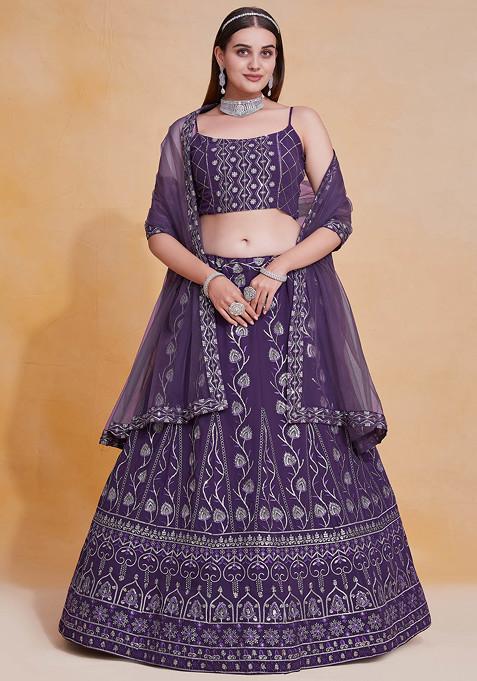 Purple Sequin Embroidered Georgette Lehenga Set