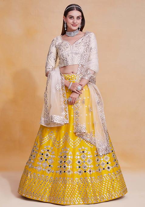 Yellow Sequin Mirror Embroidered Silk Lehenga Set