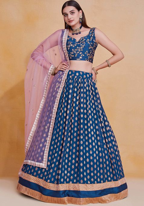 Blue Thread Sequin Embroidered Viscose Georgette Lehenga Set