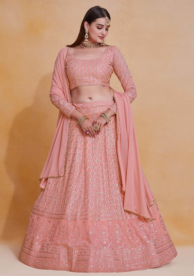 Pink Thread Sequin Embroidered Georgette Lehenga Set