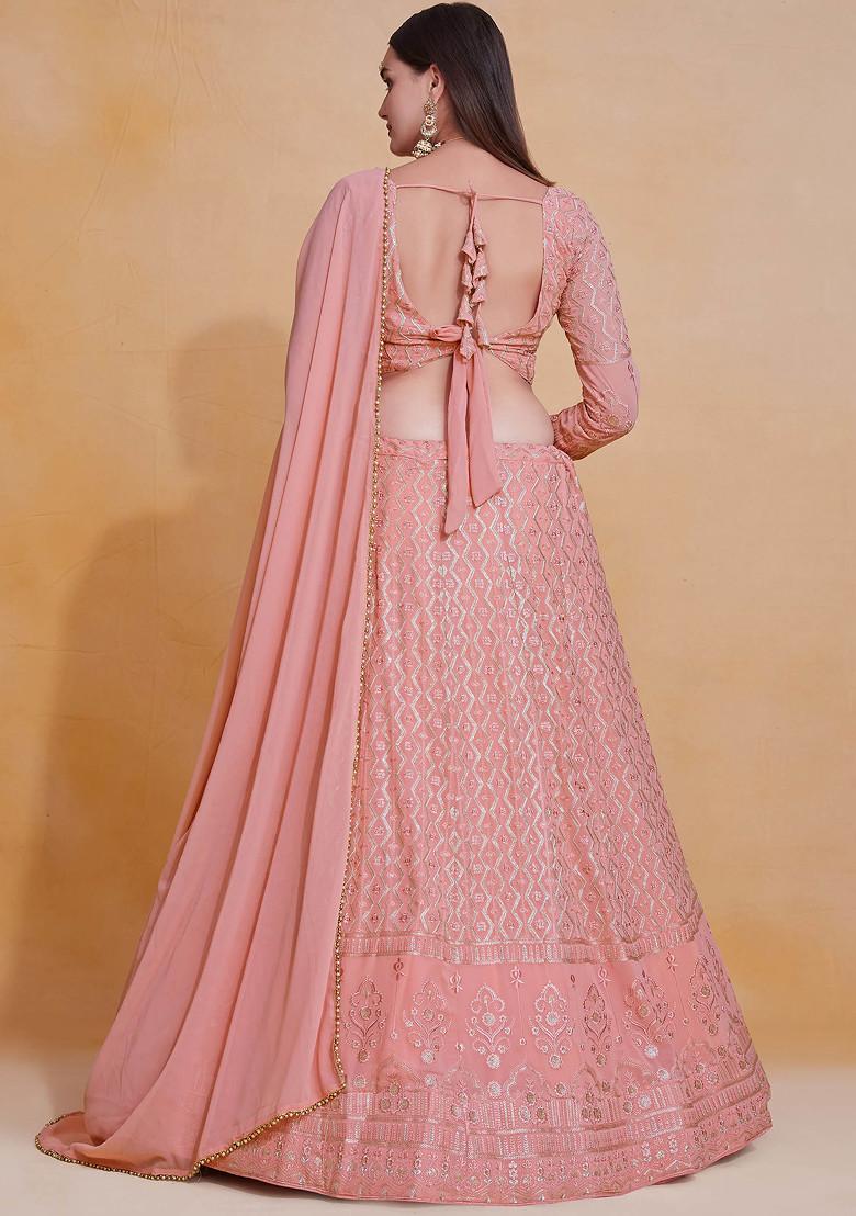 Pink Thread Sequin Embroidered Georgette Lehenga Set