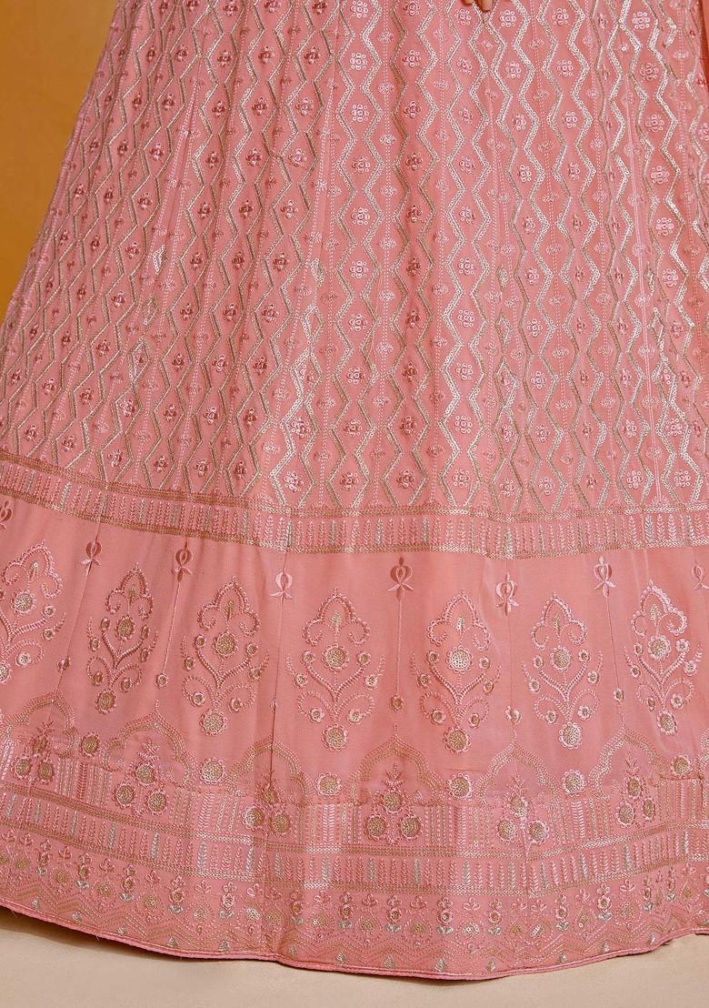 Pink Thread Sequin Embroidered Georgette Lehenga Set