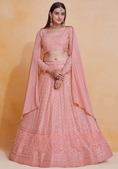 Pink Thread Sequin Embroidered Georgette Lehenga Set