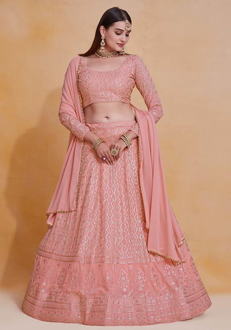 Pink Thread Sequin Embroidered Georgette Lehenga Set