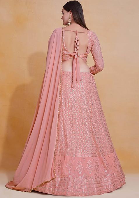 Pink Thread Sequin Embroidered Georgette Lehenga Set