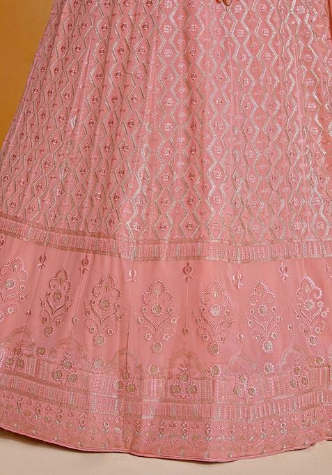 Pink Thread Sequin Embroidered Georgette Lehenga Set