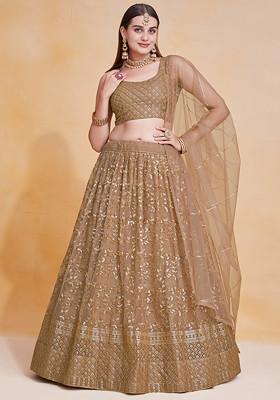 Brown Zari Sequin Embroidered Soft Net Lehenga Set