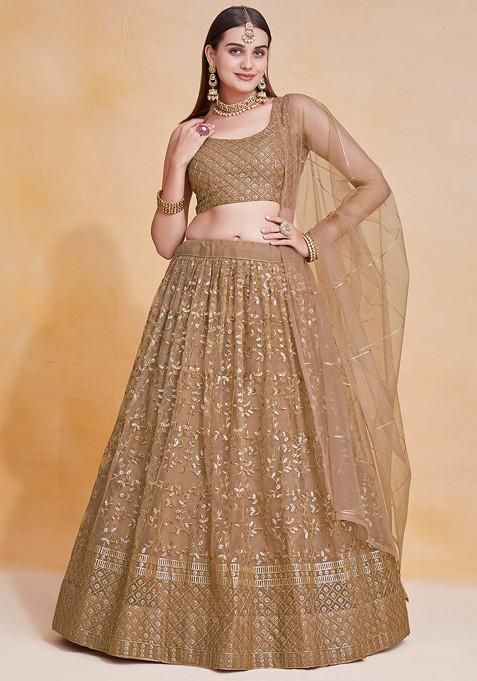 Brown Zari Sequin Embroidered Soft Net Lehenga Set