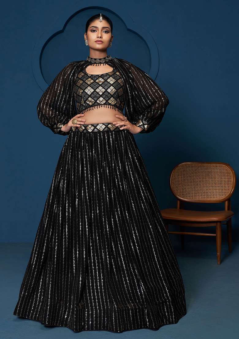 Black Georgette Lehenga Set with Embroidered & Sequin for Diwali | Wedding & Festive Wear - Indya