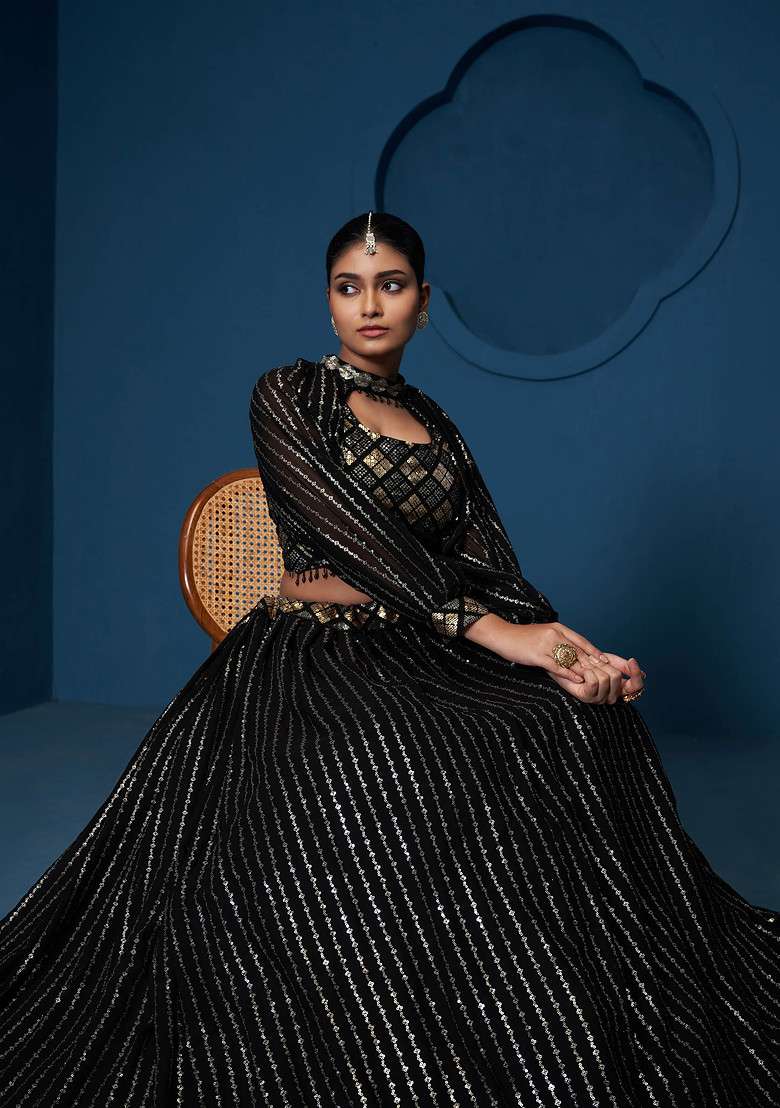 Black Georgette Lehenga Set with Embroidered & Sequin for Diwali | Wedding & Festive Wear - Indya