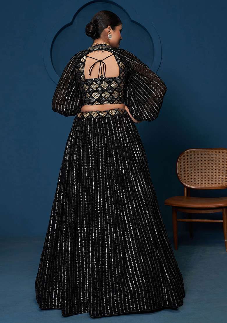Black Georgette Lehenga Set with Embroidered & Sequin for Diwali | Wedding & Festive Wear - Indya