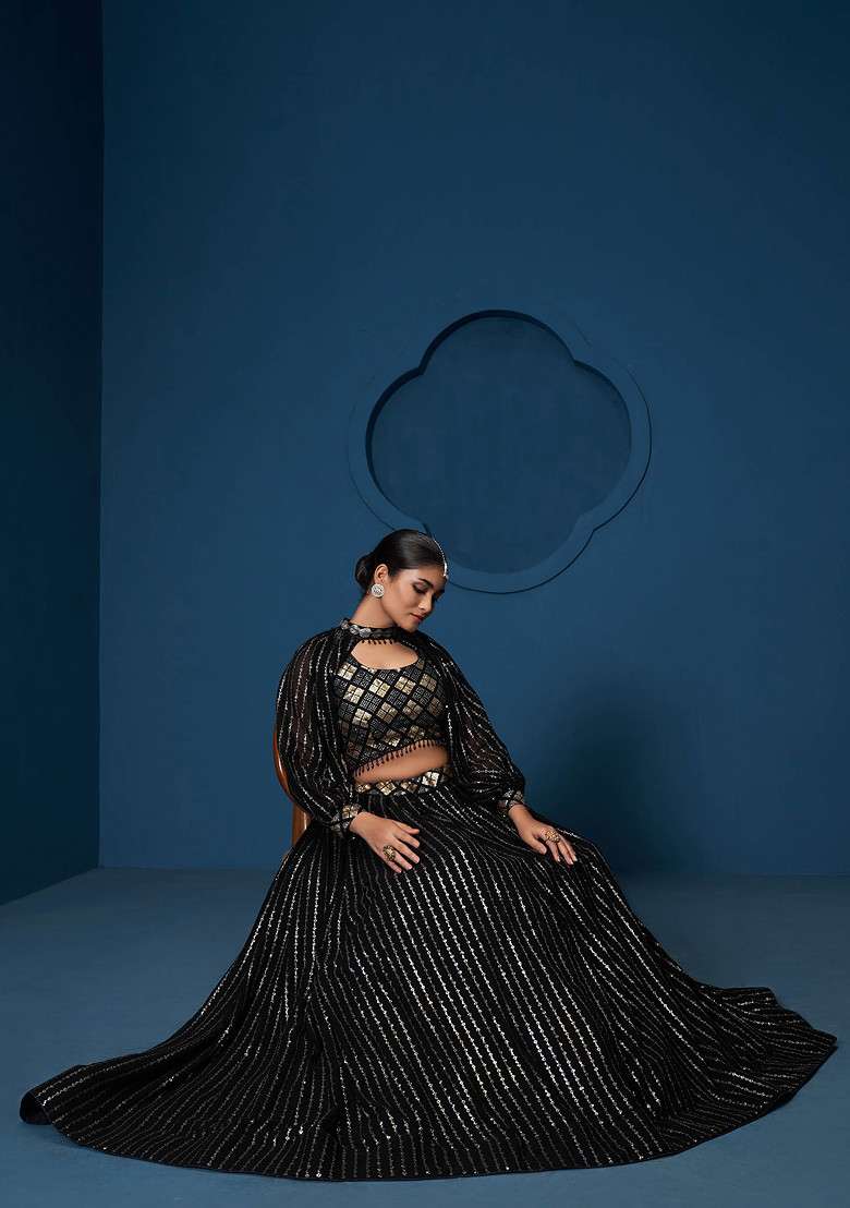 Black Georgette Lehenga Set with Embroidered & Sequin for Diwali | Wedding & Festive Wear - Indya