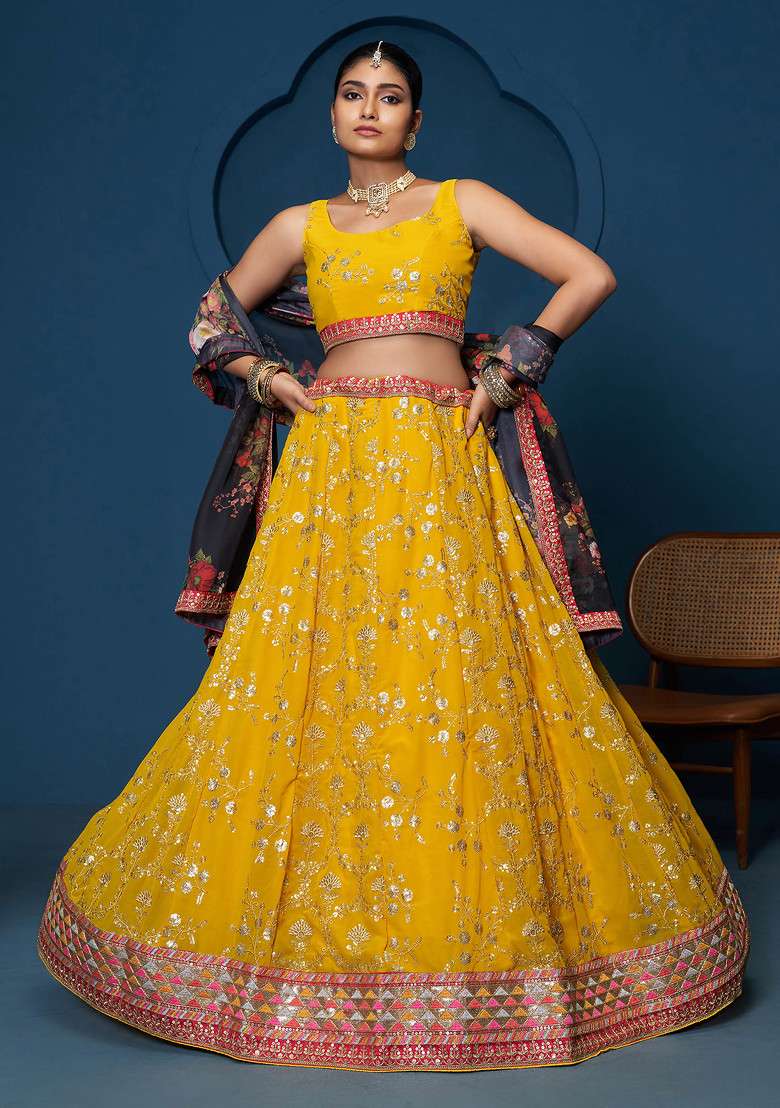 Yellow Thread Georgette Lehenga Set with Embroidered & Sequin for Diwali | Wedding & Festive Wear - Indya