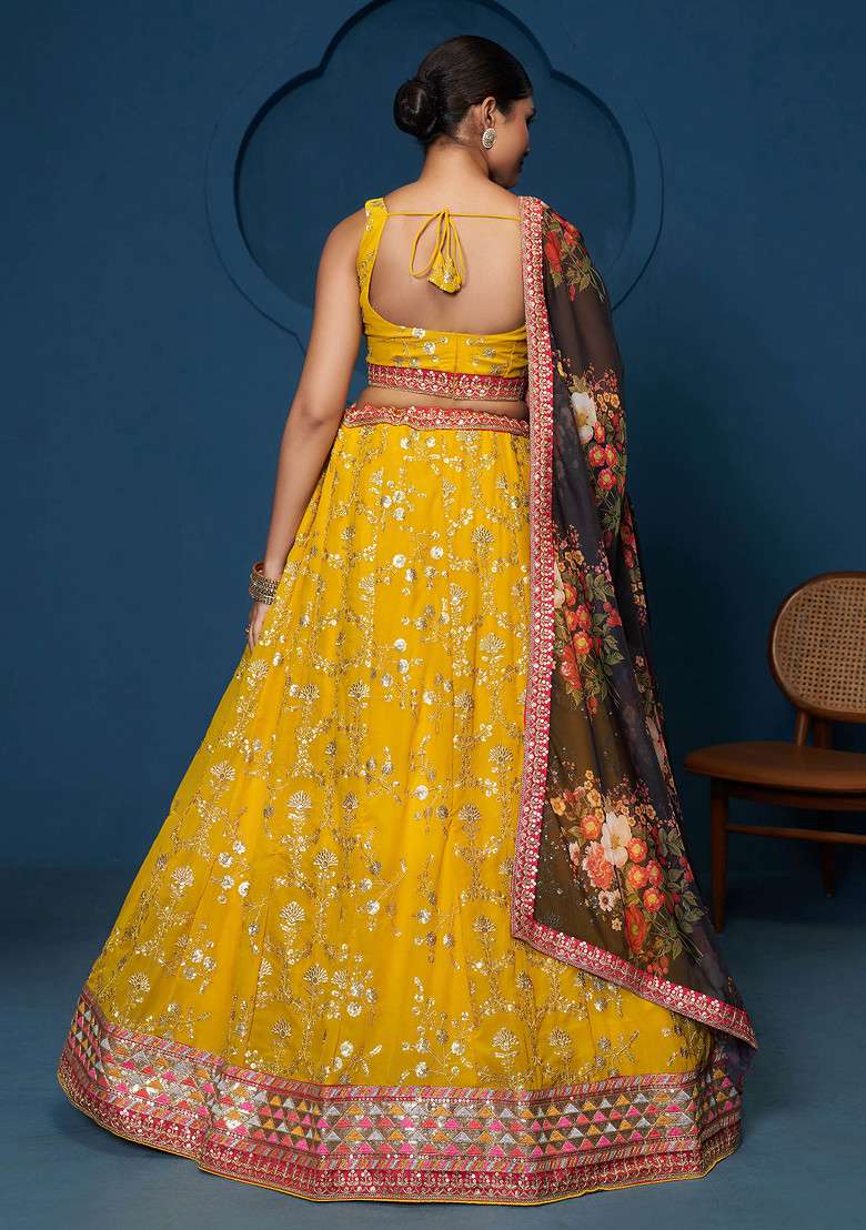 Yellow Thread Georgette Lehenga Set with Embroidered & Sequin for Diwali | Wedding & Festive Wear - Indya