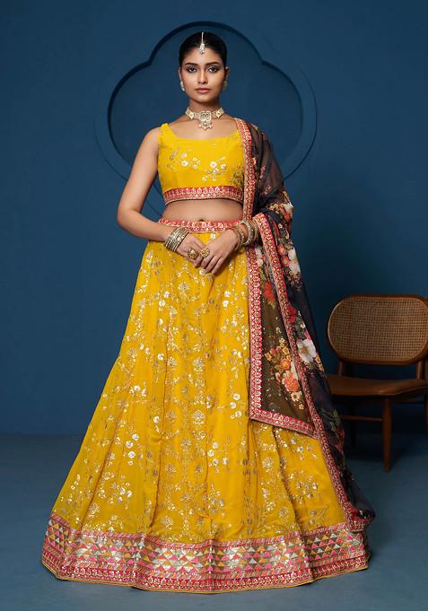 Yellow Thread Sequin Embroidered Georgette Lehenga Set