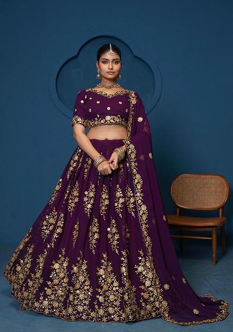 Wine Thread Sequin Embroidered Georgette Lehenga Set