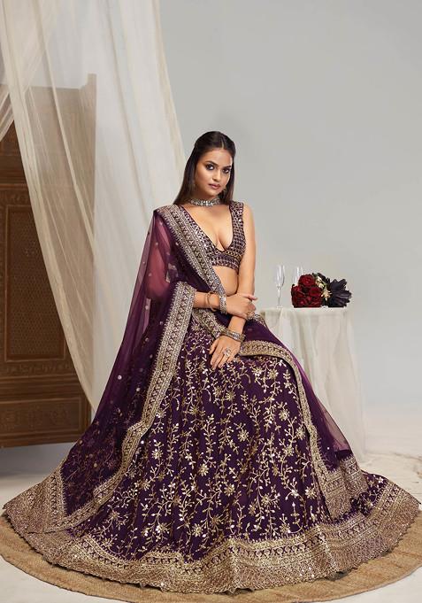 Wine Zari Sequin Embroidered Georgette Lehenga Set