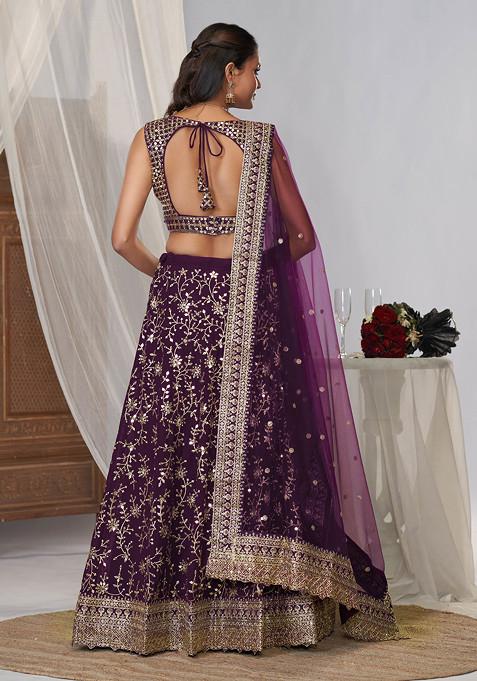 Wine Zari Sequin Embroidered Georgette Lehenga Set