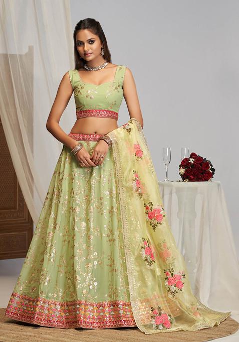 Pista Green Thread Sequin Embroidered Georgette Lehenga Set