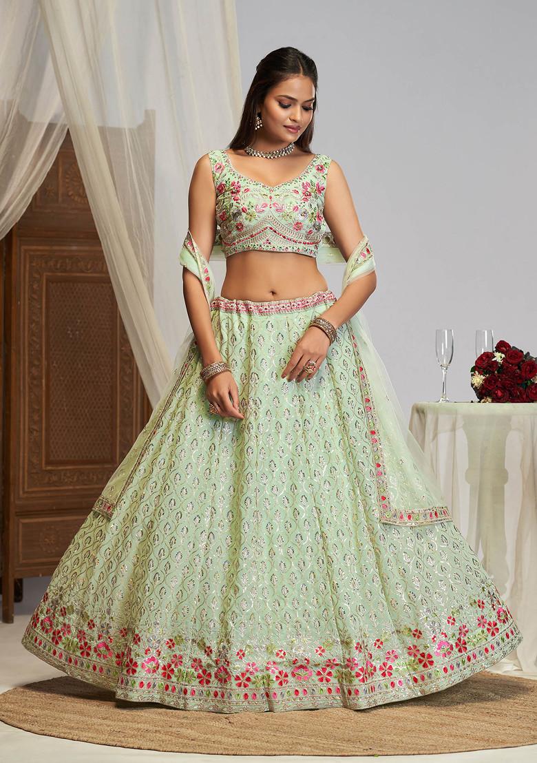 Pista Green Sequin Embroidered Georgette Lehenga Set