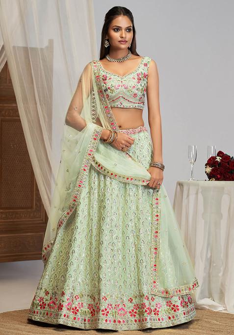 Pista Green Sequin Embroidered Georgette Lehenga Set