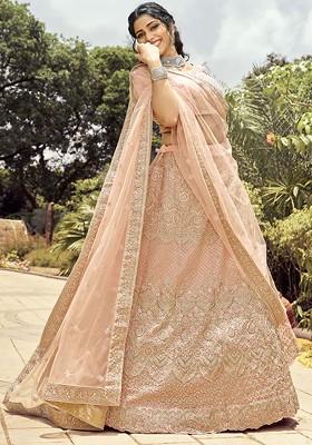Peach Gota Zari Embroidered Crepe Lehenga Set