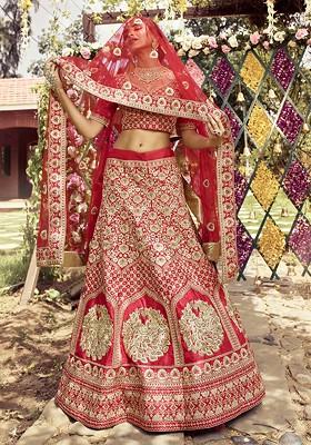 Red Gota Zari Embroidered Raw Silk Lehenga Set