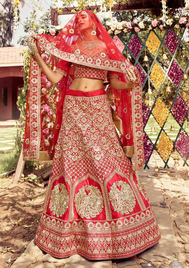 Red Gota Zari Embroidered Raw Silk Lehenga Set - Indya