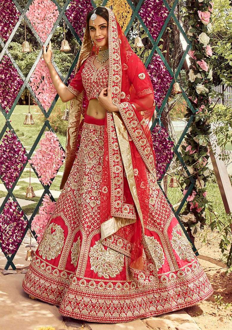 Red Gota Zari Embroidered Raw Silk Lehenga Set - Indya