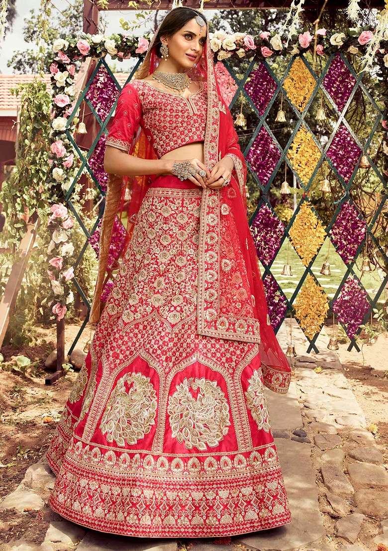 Red Gota Zari Embroidered Raw Silk Lehenga Set - Indya