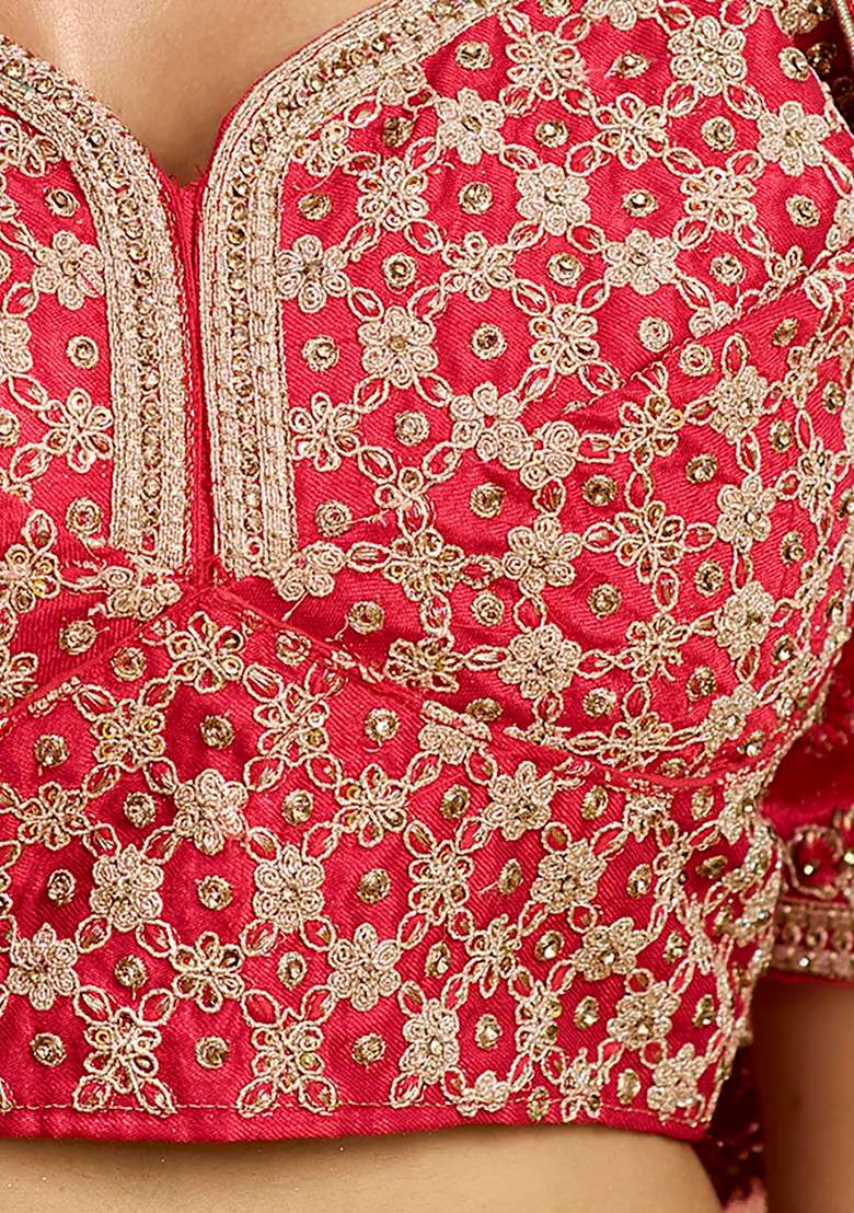 Red Gota Zari Embroidered Raw Silk Lehenga Set - Indya