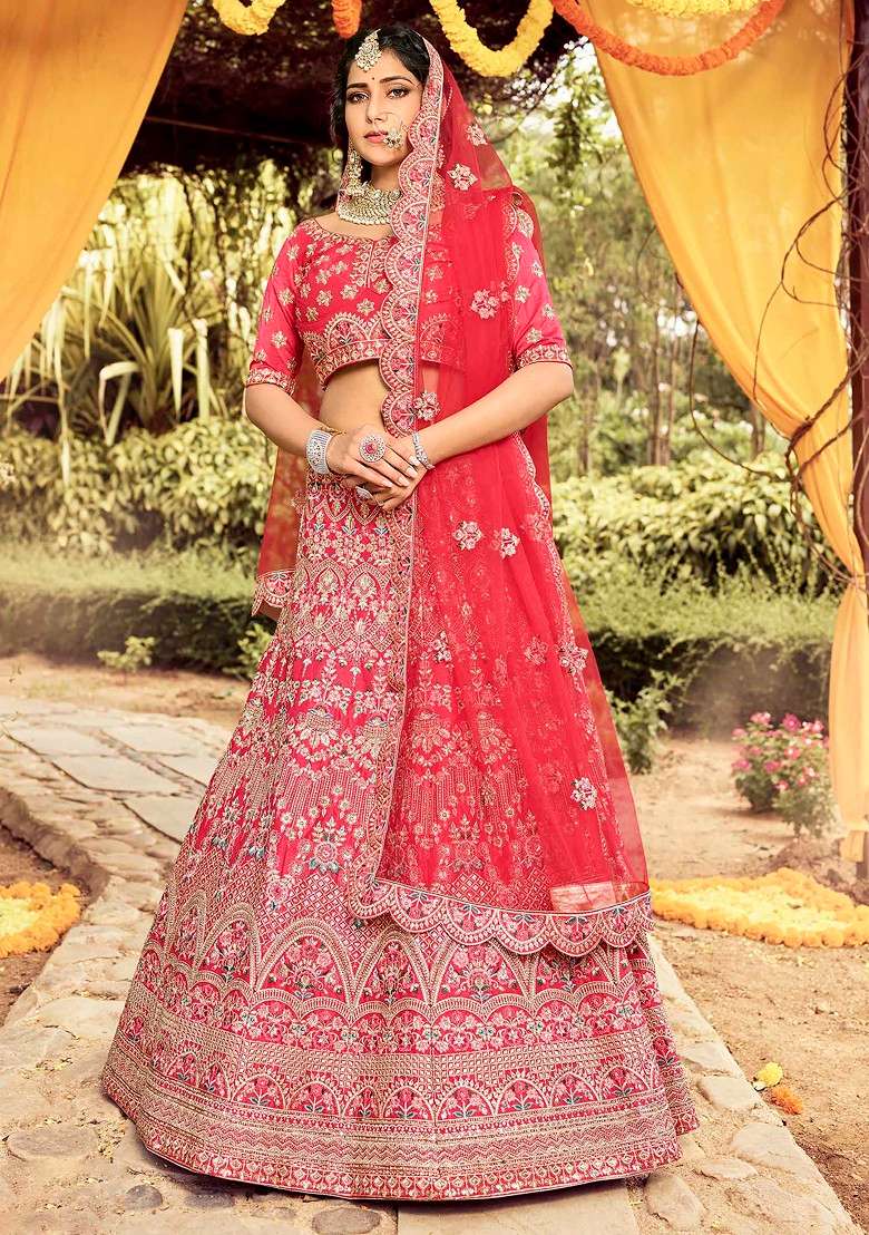 Pink Gota Zari Embroidered Organza Lehenga Set - Indya