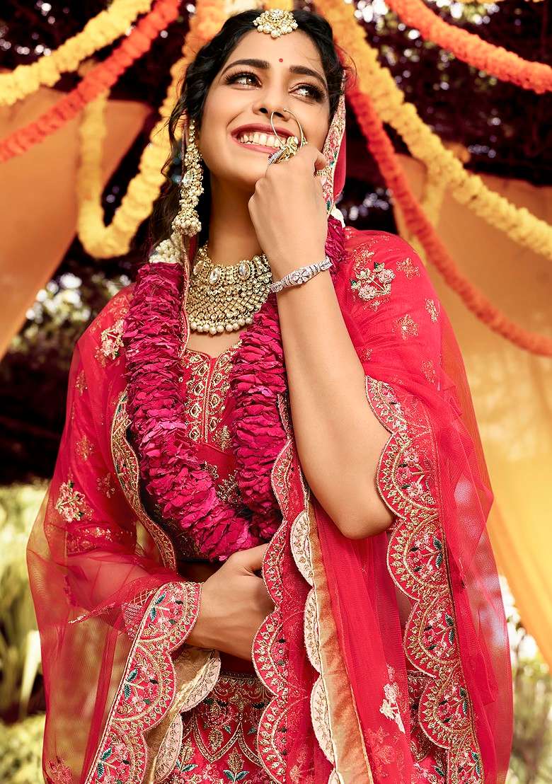 Pink Gota Zari Embroidered Organza Lehenga Set - Indya