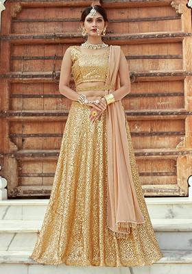 Beige Sequin Embroidered Banglory Silk Lehenga Set