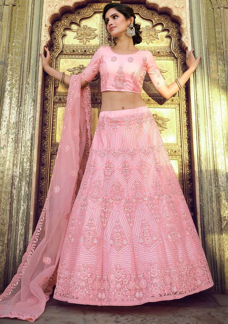 Peach Sequin Zari Embroidered Soft Net Lehenga Set for Diwali and Festive Wear - Indya