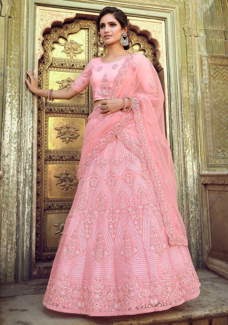 Peach Sequin Zari Embroidered Soft Net Lehenga Set