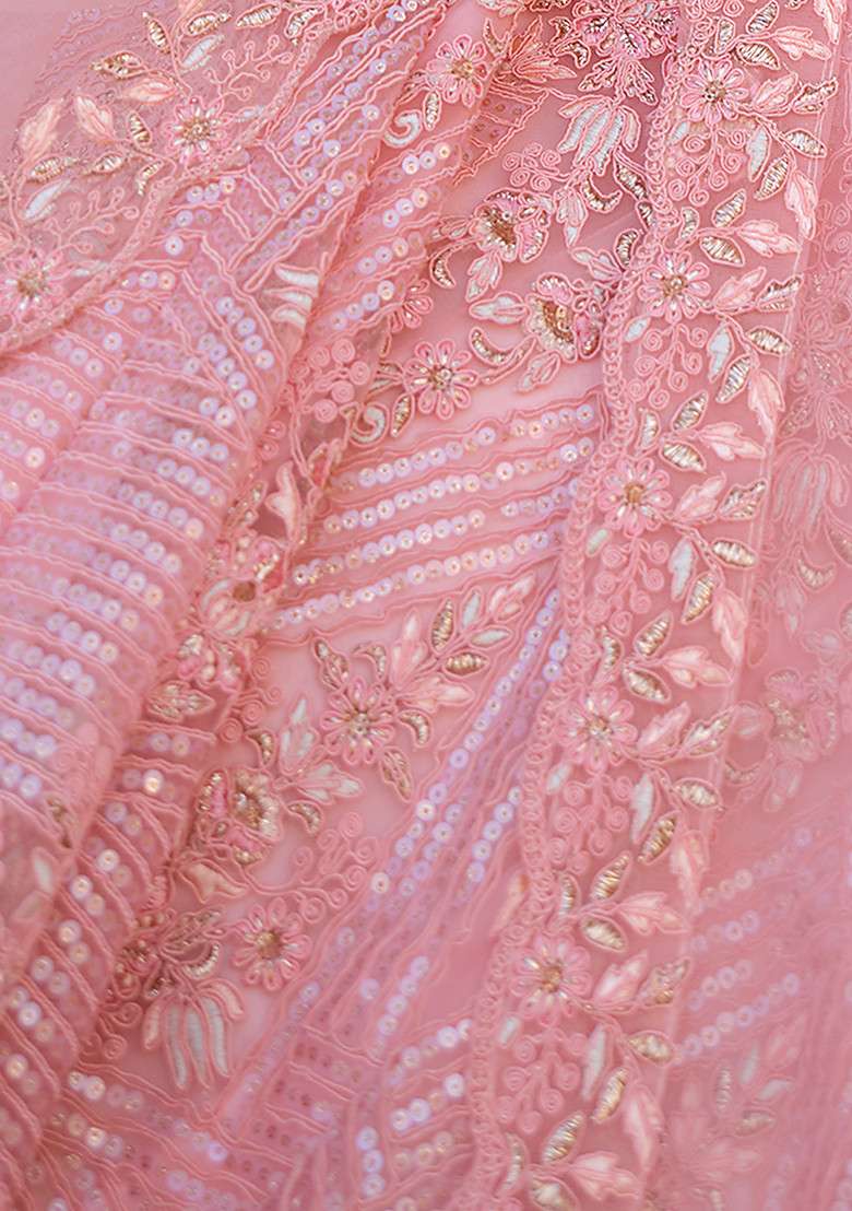 Peach Sequin Zari Embroidered Soft Net Lehenga Set for Diwali and Festive Wear - Indya
