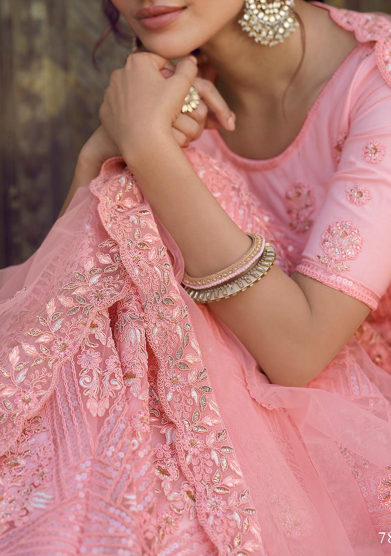Peach Sequin Zari Embroidered Soft Net Lehenga Set
