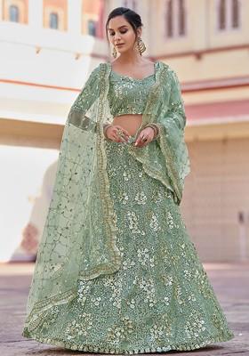 Green Sequin Zari Embroidered Soft Net Lehenga Set