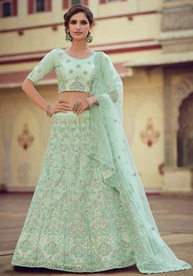 Green Sequin Zari Embroidered Georgette Lehenga Set