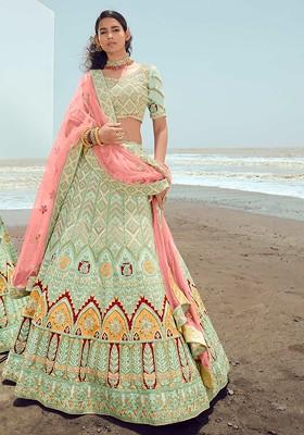 Pista Green Thread Dori Embroidered Organza Lehenga Set