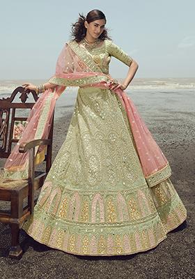 Pista Green Thread Dori Embroidered Georgette Lehenga Set