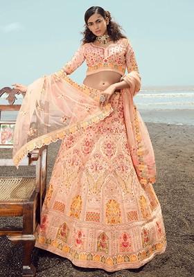 Peach Thread Dori Embroidered Georgette Lehenga Set
