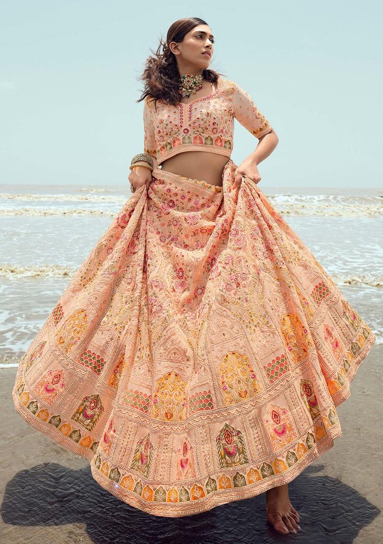 Peach Thread Dori Embroidered Georgette Lehenga Set