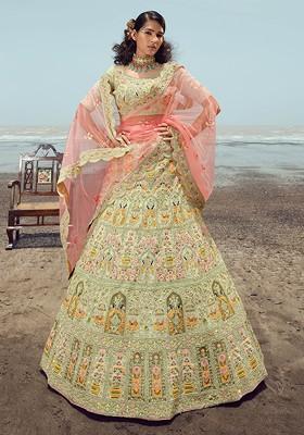 Pista Green Thread Dori Embroidered Organza Lehenga Set